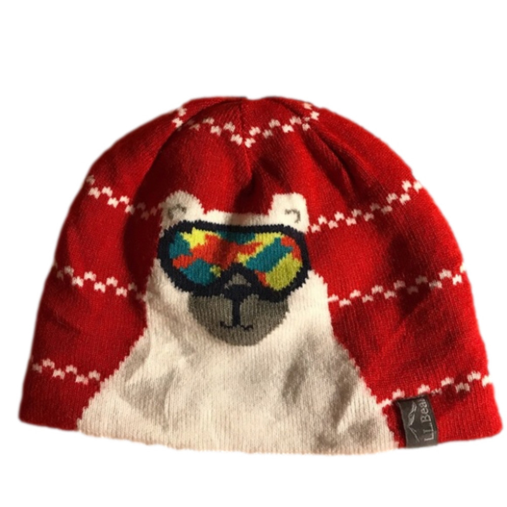 L.L. Bean Kids’ Toque / Knitted Winter Hat With Bear In Ski Goggles. Red. Unisex
